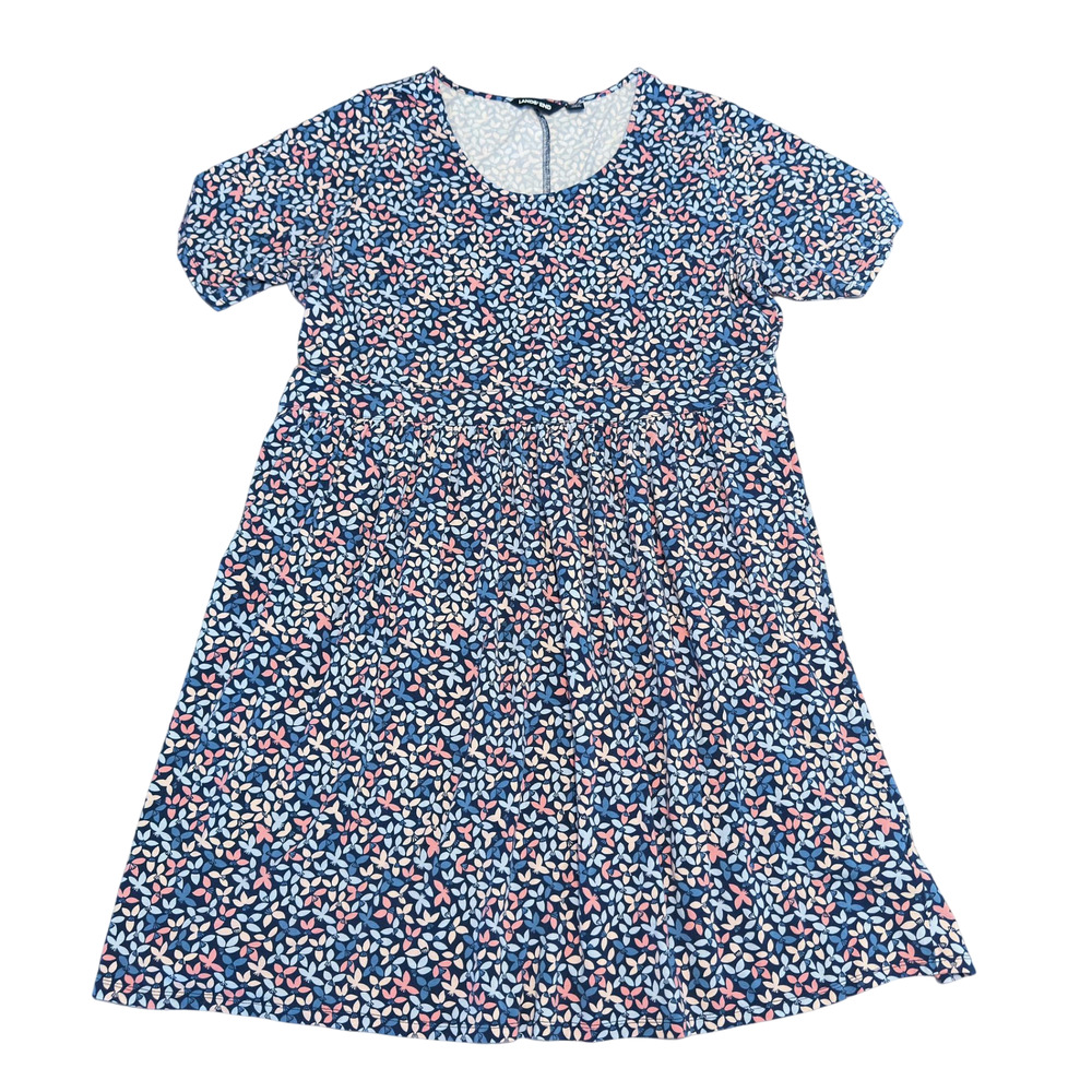 Lands End Dress Womens 2X Empire Waist Pockets Navy Pink Floral Knit Cottage